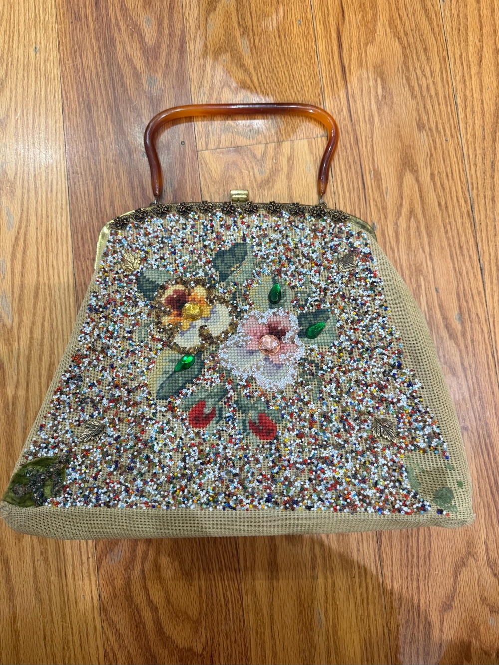 Vintage Soure Floral Beaded Top-Handle Bag in Beige